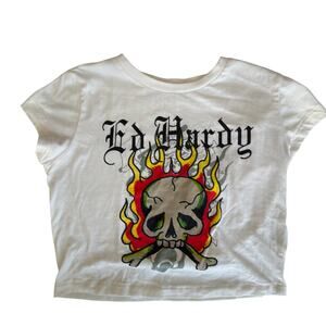 Ed Hardy Flame Skull Cropped Baby T-Shirt in Ivory Size M